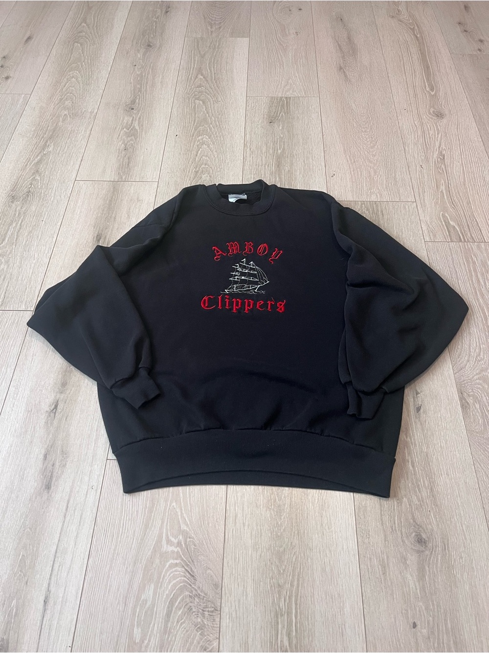 Jerzees Black Crewneck Sweatshirt with Red & White Embroidery